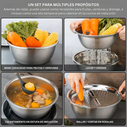 Conjunto 3 en 1 con Bacía de Acero Inoxidable, Escurridor y Cortador/Rallador de Verduras