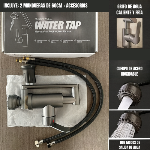 Grifo De Lavabo De Latón Plegable Con Una Sola Manija, Que Gira 360° Para Agua Caliente Y Fría, De Color Gris Oscuro E Incluye La Tubería De Agua