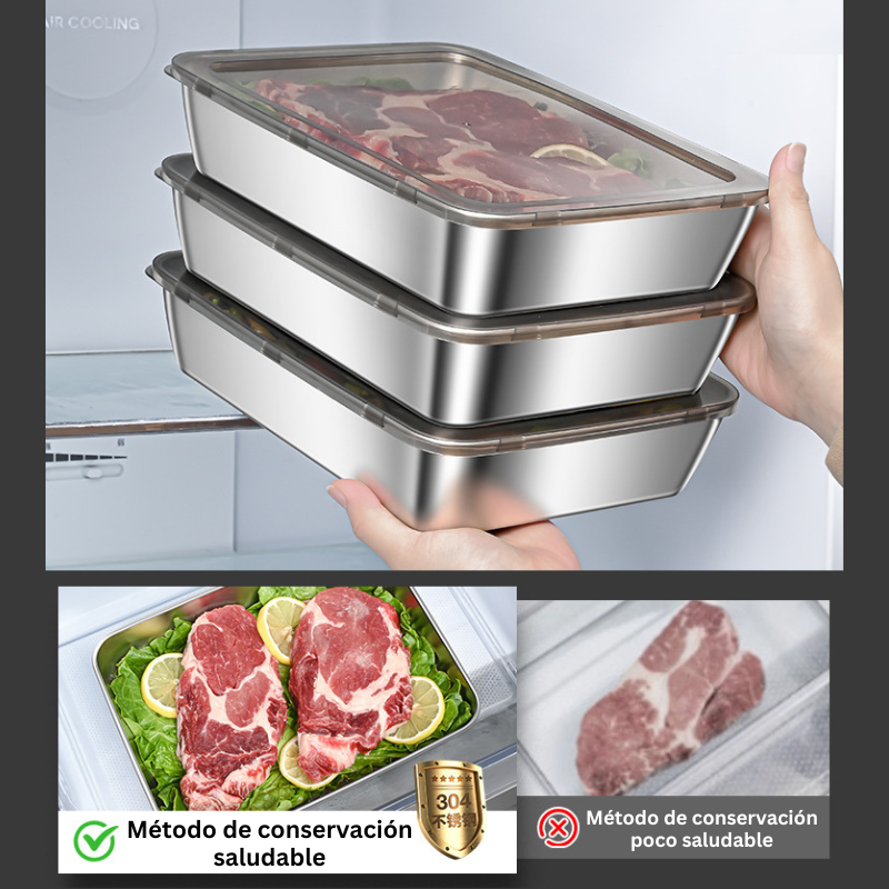 Recipiente para alimentos SUS304, bandeja rectangular de acero inoxidable con tapa de acero inoxidable, seguro para la salud. (22cm*15cm*6cm)