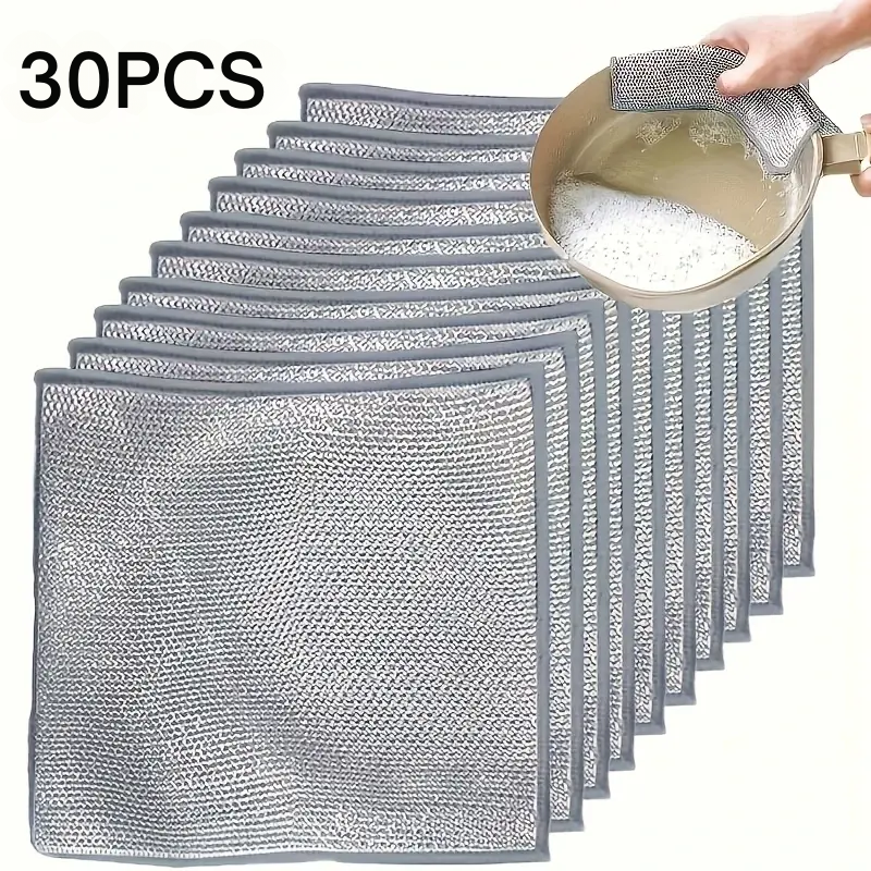 Juego de paños de acero inoxidable de 2 capas (10/20/30 unidades) – Estropajos de malla metálica duraderos, antiadherentes y antidesprendimiento para ollas, sartenes, parrillas y barbacoas