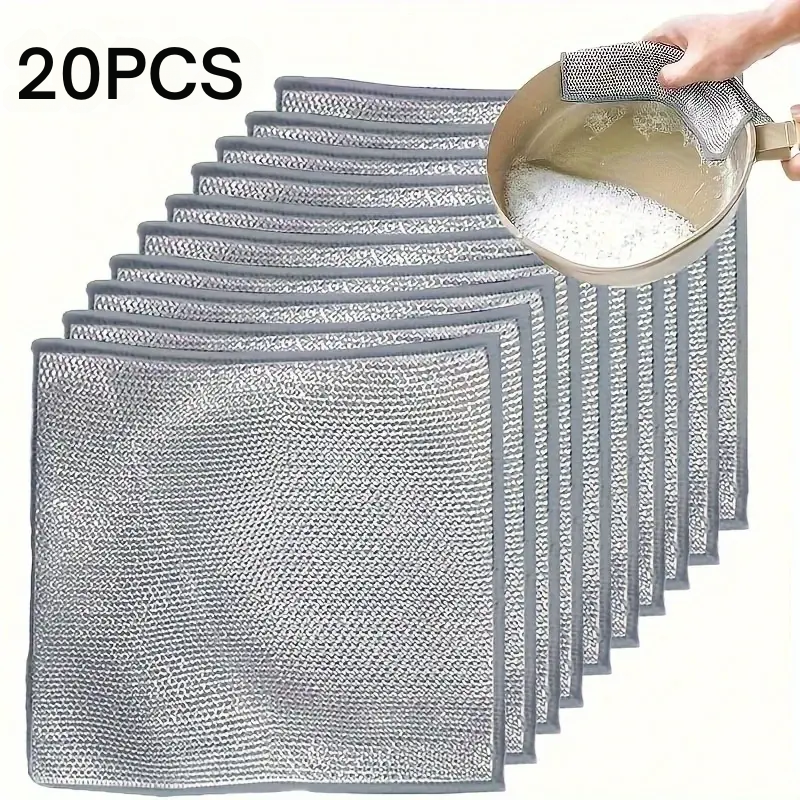 Juego de paños de acero inoxidable de 2 capas (10/20/30 unidades) – Estropajos de malla metálica duraderos, antiadherentes y antidesprendimiento para ollas, sartenes, parrillas y barbacoas