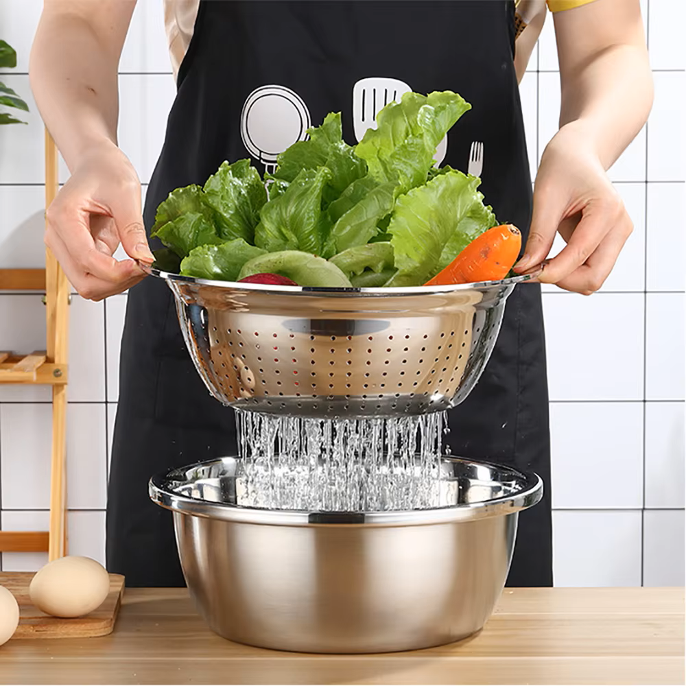 Conjunto 3 en 1 con Bacía de Acero Inoxidable, Escurridor y Cortador/Rallador de Verduras