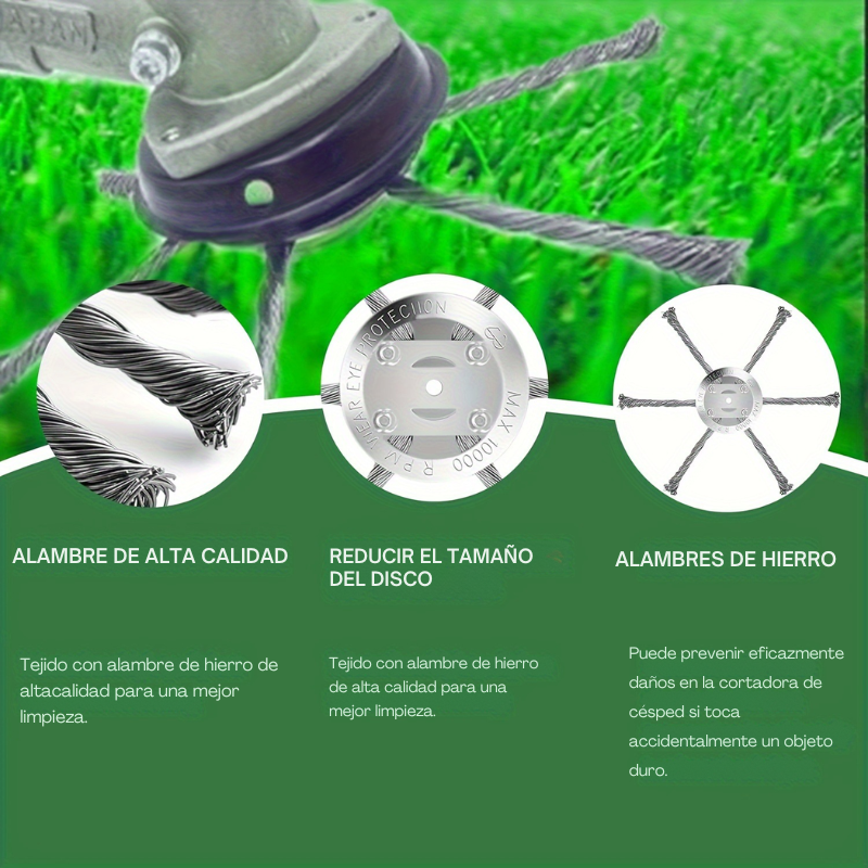 El cabezal del cortacésped tiene 6 ramas tejidas con alambre de acero resistente.