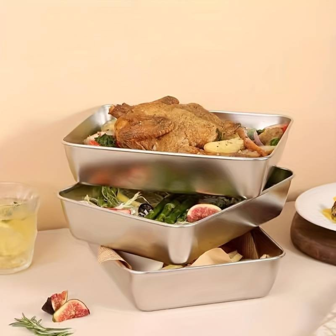SUS304 caja de almacenamiento de alimentos, bandeja rectangular, seguro para la salud - Apto para microondas (25x20x6cm)