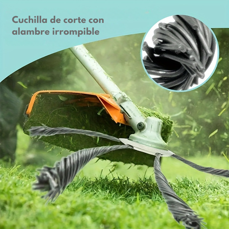 El cabezal del cortacésped tiene 6 ramas tejidas con alambre de acero resistente.
