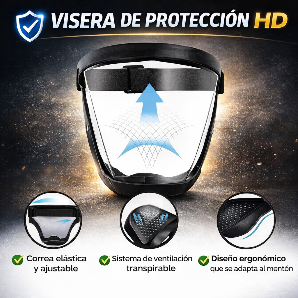 La visera protege el rostro del polvo fino y de la niebla