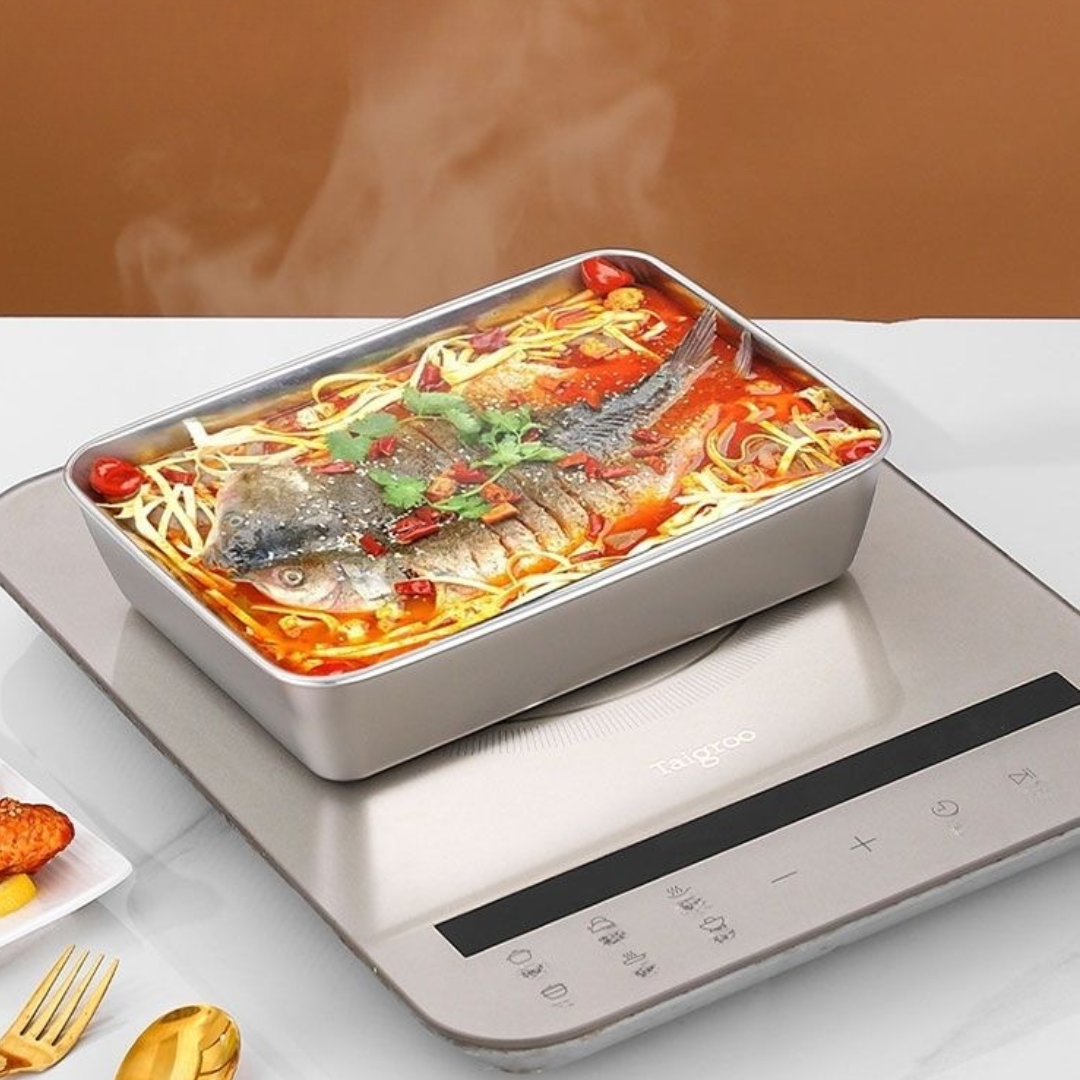 SUS304 caja de almacenamiento de alimentos, bandeja rectangular, seguro para la salud - Apto para microondas (25x20x6cm)