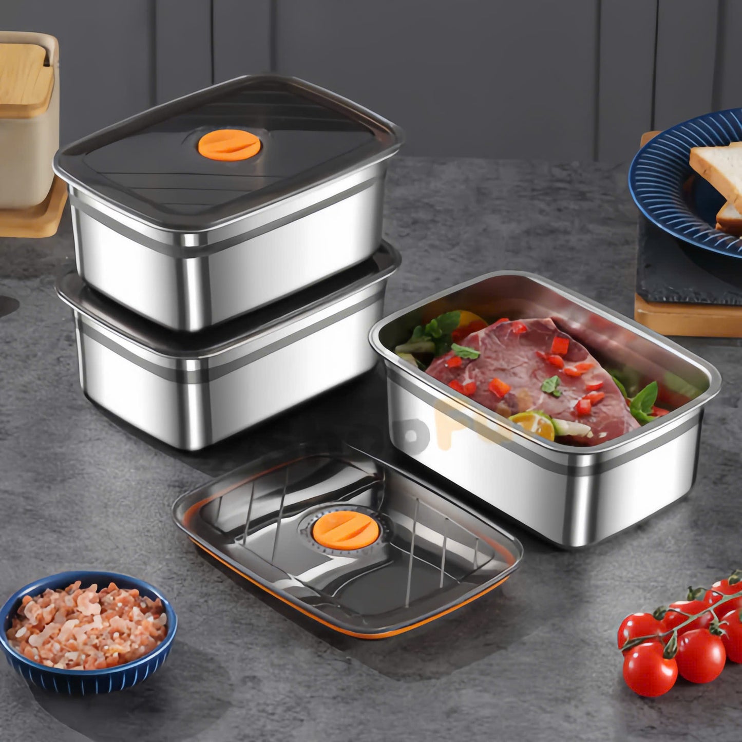 ⭐ Recipiente Grande Para Alimentos Al Vacío De Acero Inoxidable Antibacteriano De 1500ml (19x14x8cm)