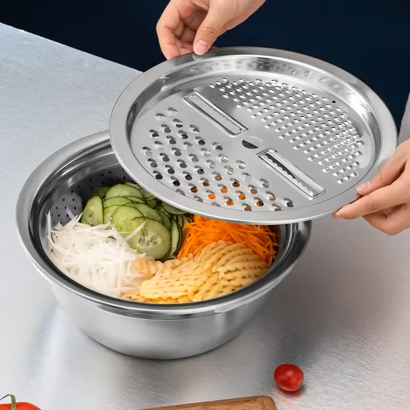 Conjunto 3 en 1 con Bacía de Acero Inoxidable, Escurridor y Cortador/Rallador de Verduras