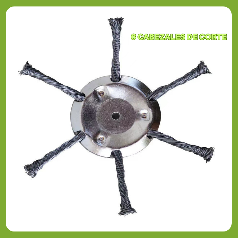 El cabezal del cortacésped tiene 6 ramas tejidas con alambre de acero resistente.
