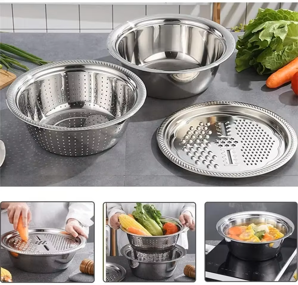 Conjunto 3 en 1 con Bacía de Acero Inoxidable, Escurridor y Cortador/Rallador de Verduras