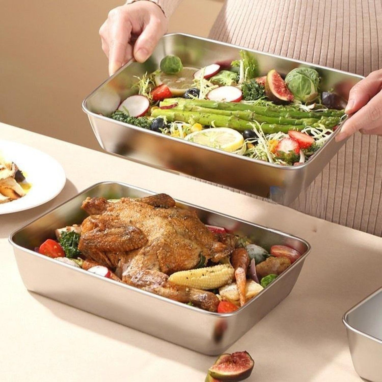 Recipiente para alimentos SUS304, bandeja rectangular de acero inoxidable con tapa de acero inoxidable, seguro para la salud. (22cm*15cm*6cm)