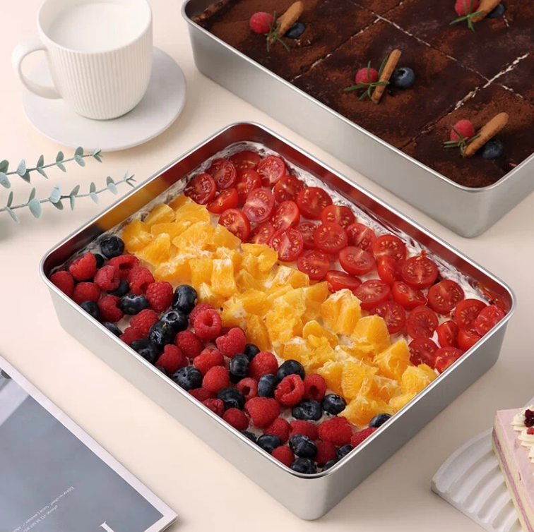 Recipiente para alimentos SUS304, bandeja rectangular de acero inoxidable con tapa de acero inoxidable, seguro para la salud. (22cm*15cm*6cm)