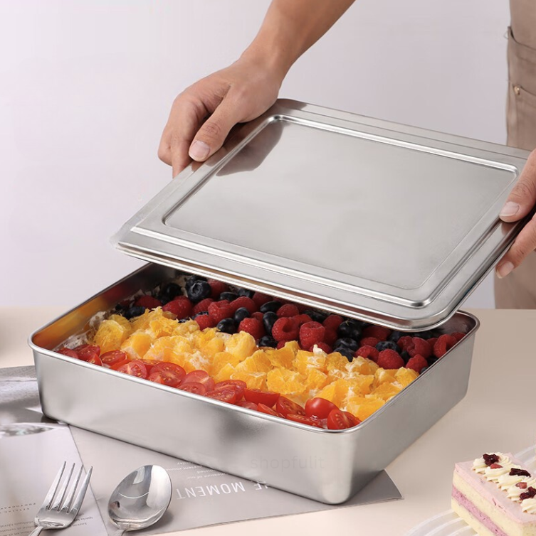 Recipiente para alimentos SUS304, bandeja rectangular de acero inoxidable con tapa de acero inoxidable, seguro para la salud. (22cm*15cm*6cm)