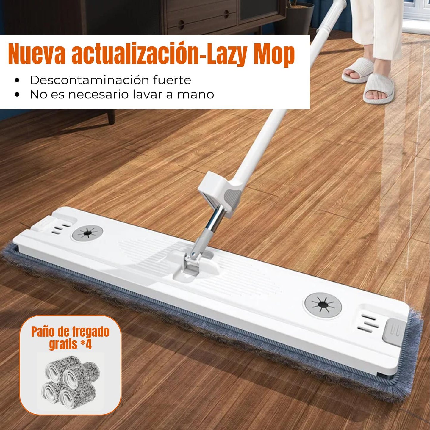 Juego de cubo de fregona manos libres, 4 almohadillas de microfibra reutilizables incluidas