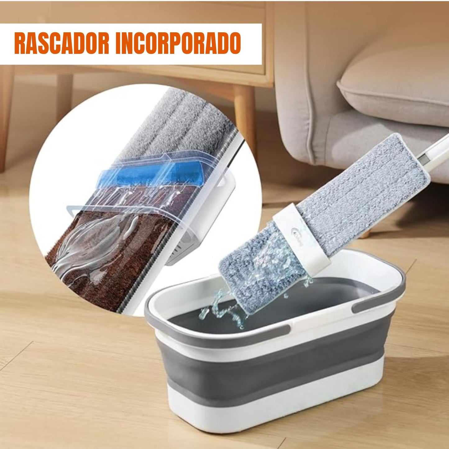 Juego de cubo de fregona manos libres, 4 almohadillas de microfibra reutilizables incluidas
