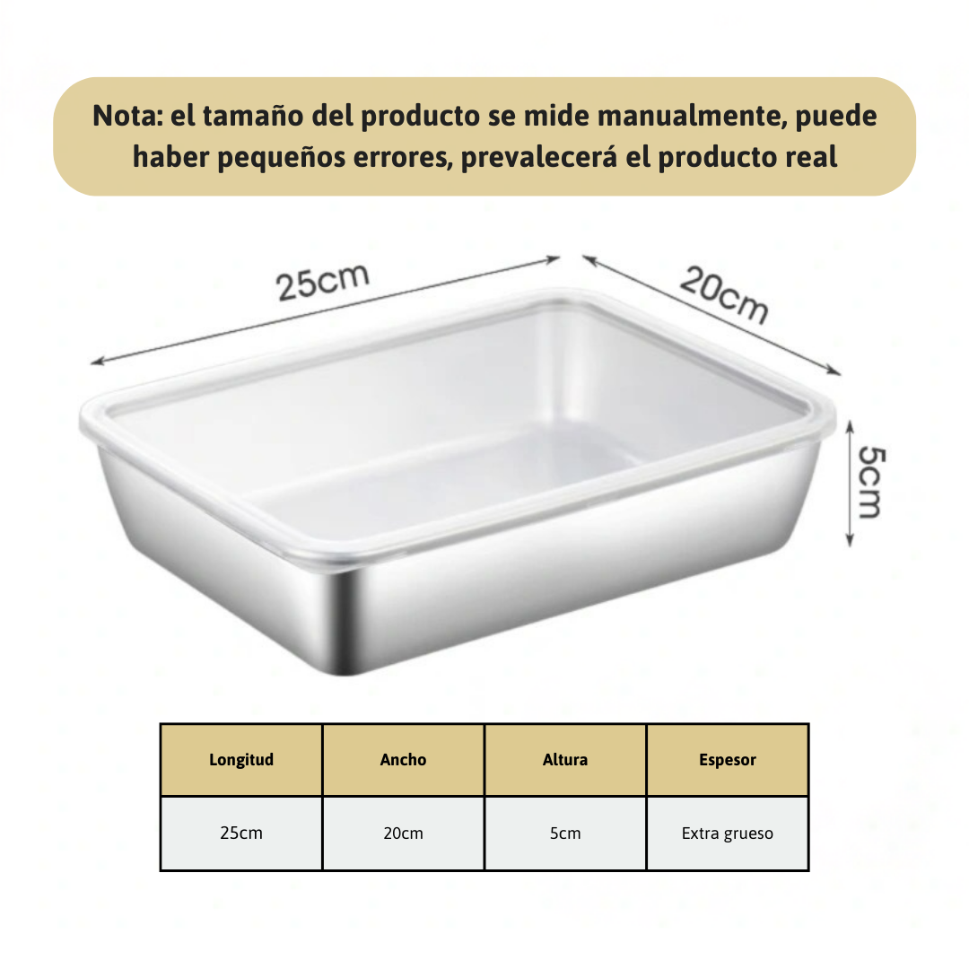 Recipiente para Alimentos de Acero Inoxidable 304 – Frescura Prolongada y Máxima Seguridad (25x20x5 cm)