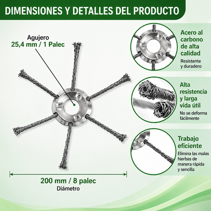 El cabezal del cortacésped tiene 6 ramas tejidas con alambre de acero resistente.