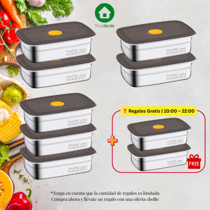 [🎁 Set 7+2 Gratis] Contenedor Hermético de Acero Inoxidable SUS316 - Apto para Horno y Microondas, Conserva la Frescura y Sabor (19 x 14 x 6 cm)