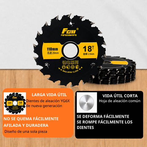 Disco de corte de aleación multifuncional 18T de 110 mm – corta madera, metal, PVC y aluminio