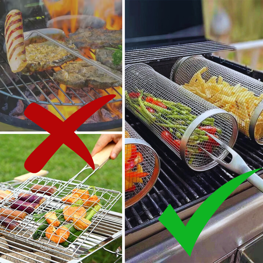 Cesta De Barbacoa De Acero Inoxidable SUS304 Con Rodillo Para Parrillada