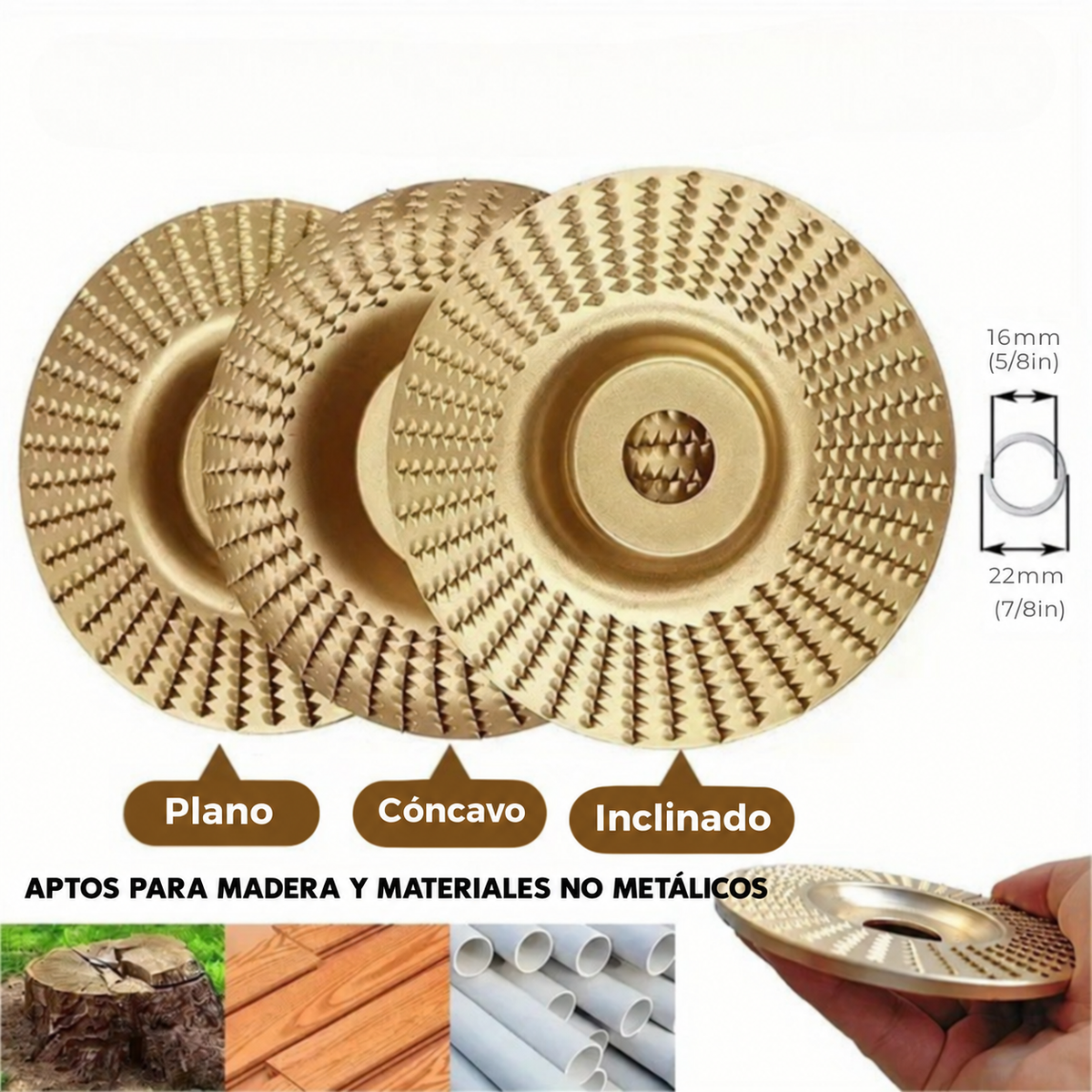 Juego de 3 discos de desbaste para madera ( Acero al carbono · Plano, cóncavo e inclinado )