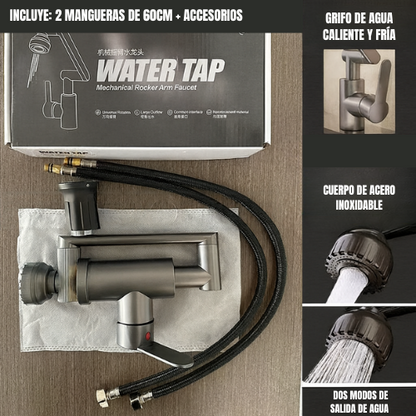 Grifo De Lavabo De Latón Plegable Con Una Sola Manija, Que Gira 360° Para Agua Caliente Y Fría, De Color Gris Oscuro E Incluye La Tubería De Agua
