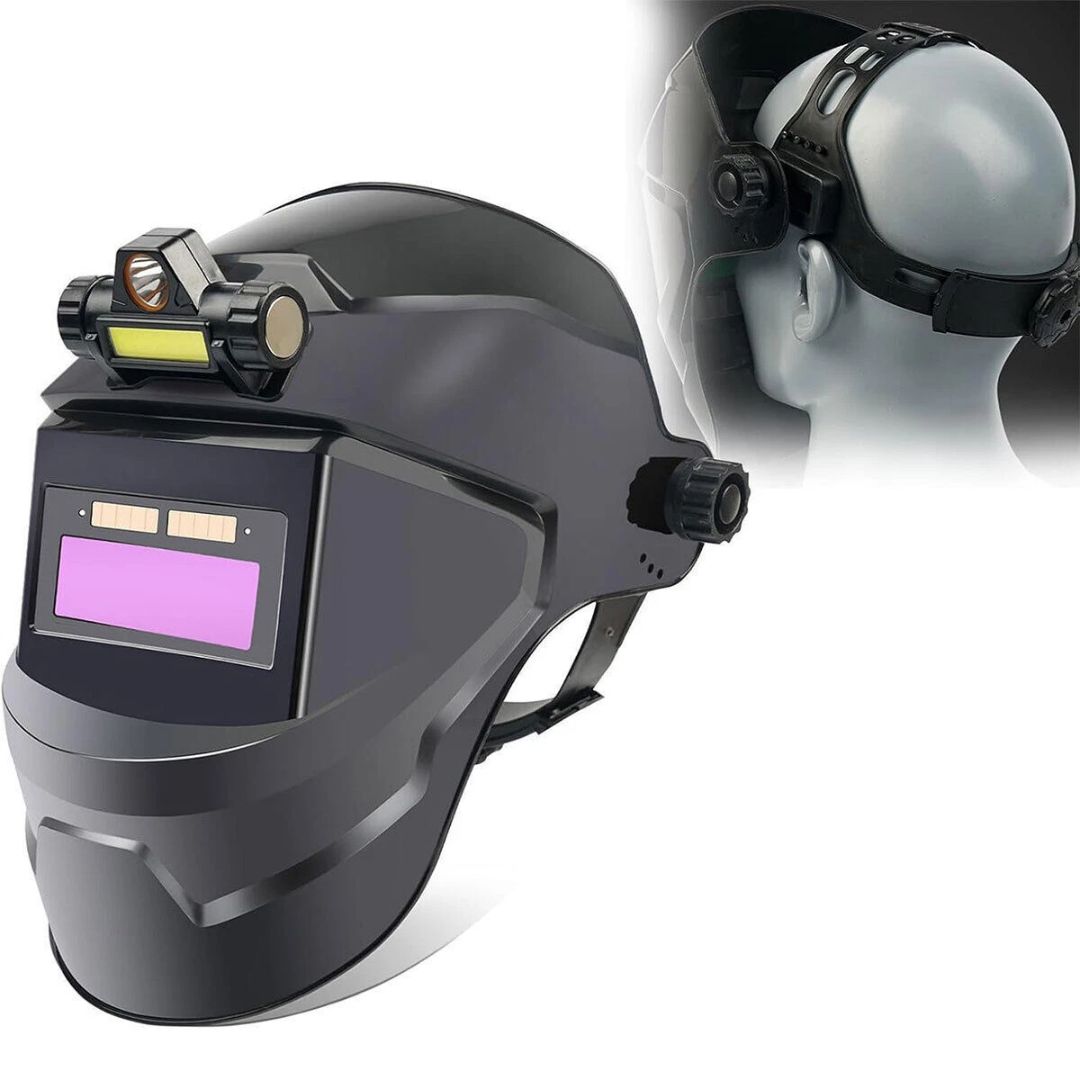 Máscara de Soldadura Automática Oscurecible Premium con Luz LED, Ligera de Cabeza, Protección Ocular Total