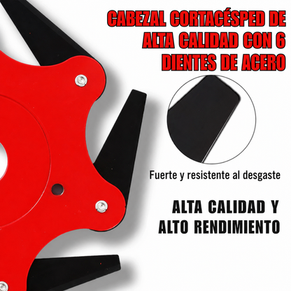 Cabezal cortacésped de 6 dientes de acero al manganeso — Corta sin parar, sin cambiar el hilo (Incluye kit de adaptadores)