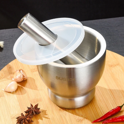 🔥Mortero multifuncional de acero inoxidable 304 de alta calidad – Tritura ajo, especias; duradero, limpio, silencioso, sin salpicaduras y antideslizante.