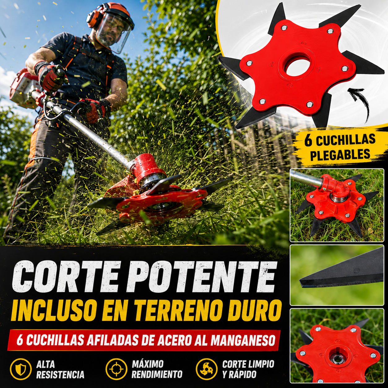 Cabezal de 6 cuchillas de acero al manganeso – afilado y resistente (Accesorios incluidos)