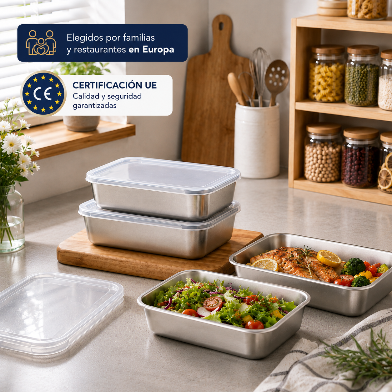 Recipientes inox SUS304 2200 ml | Alimentos frescos por más tiempo (25×20×5 cm)