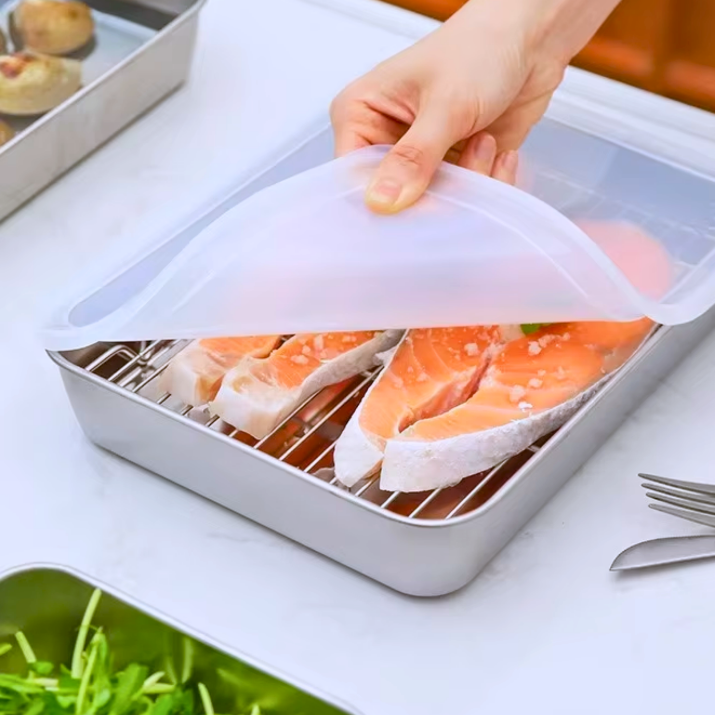 BANDEJA DE ACERO INOXIDABLE 304 PREMIUM - Mantiene los alimentos frescos hasta 5× más tiempo