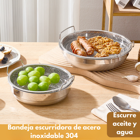 Bandeja escurridora de acero inoxidable 304. Escurre aceite y agua al instante – perfecta para freír, cocinar y lavar alimentos.