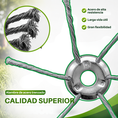El cabezal para desbrozadora tiene 6 brazos de resistente alambre de acero trenzado.