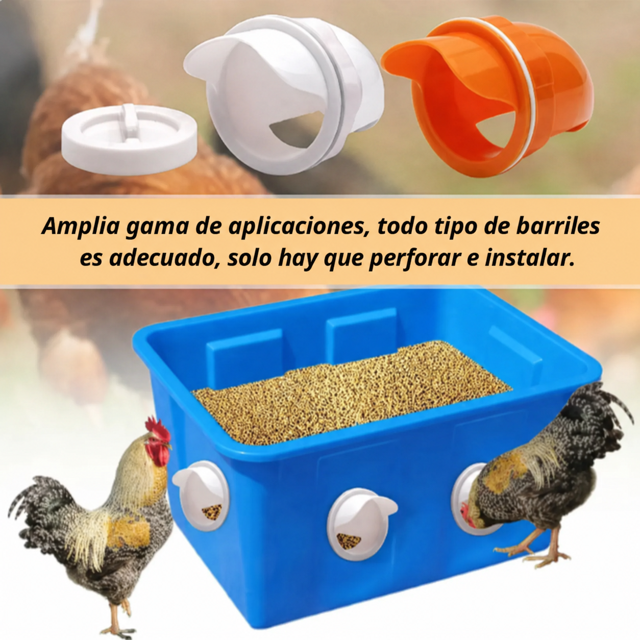 Puerta de alimentación automática para gallinas y patos, compatible con todo tipo de cubos — incluye sierra de corona