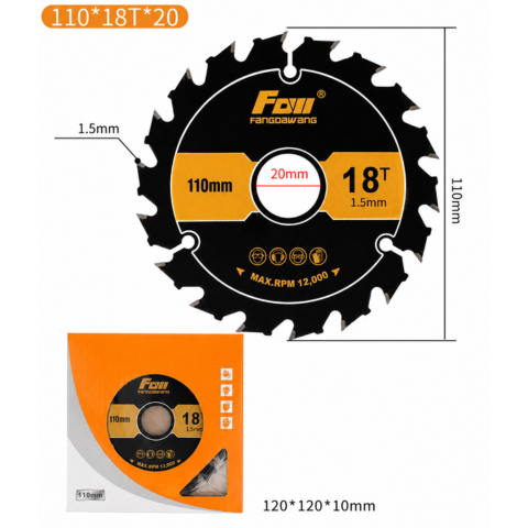 Disco de corte de aleación multifuncional 18T de 110 mm – corta madera, metal, PVC y aluminio