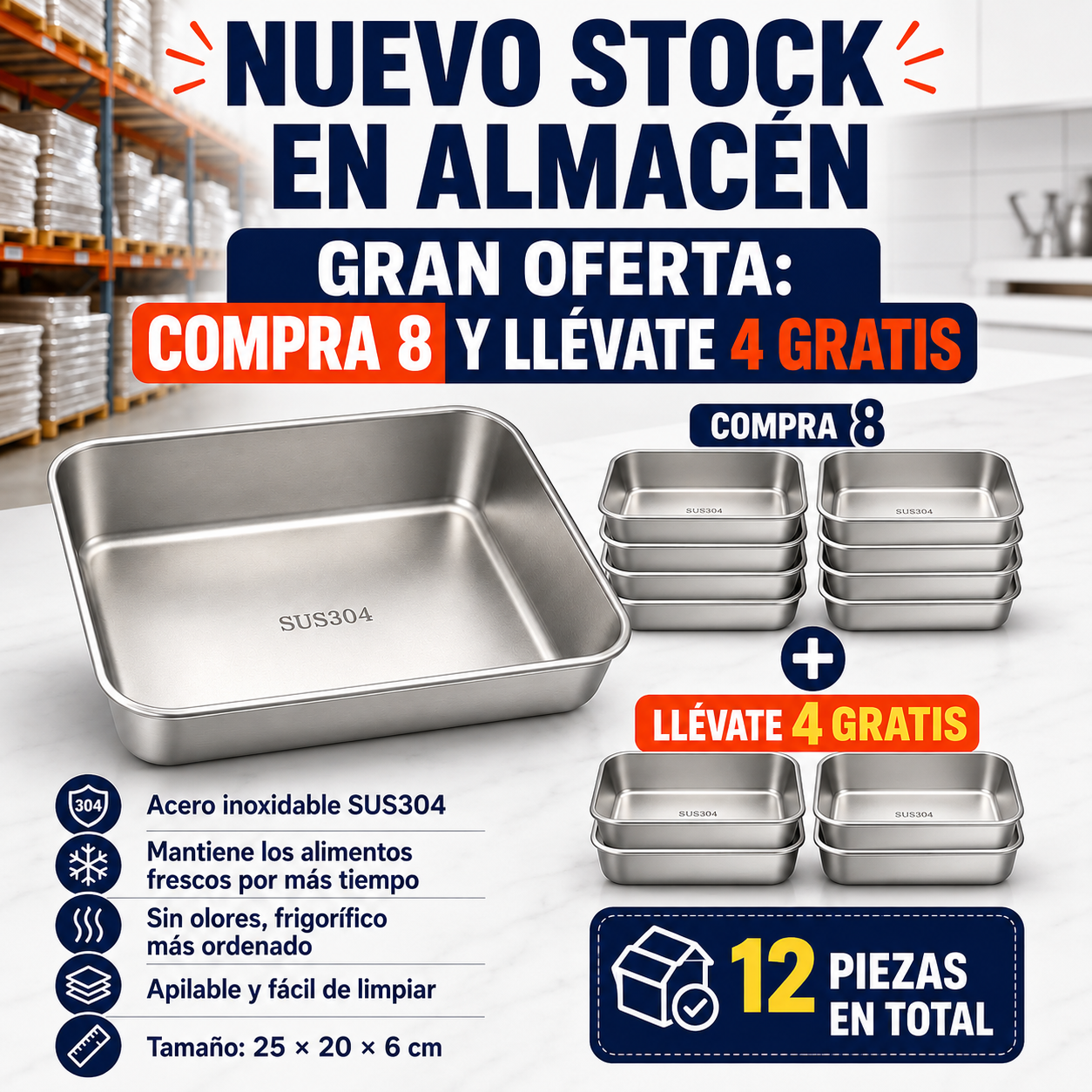 Recipiente de acero inoxidable 304 de 2500 ml – Una solución segura y práctica para conservar alimentos (25×20×6 cm)