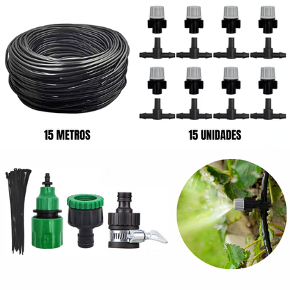 Manguera de Riego para Jardín de 15 Metros con Boquillas de Niebla – Sistema de Enfriamiento por Niebla, Fácil de Instalar