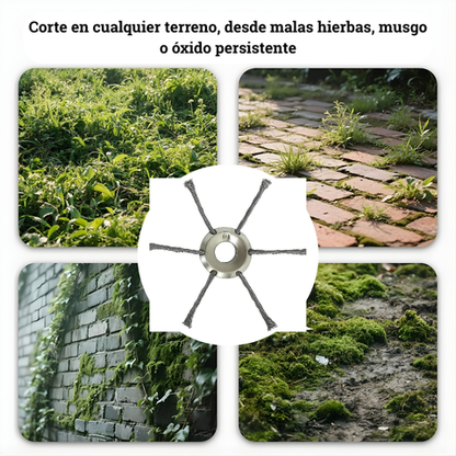 Cabezal de cortacésped de 6 cuchillas fabricado en acero de alta calidad: elimina todo tipo de malas hierbas.