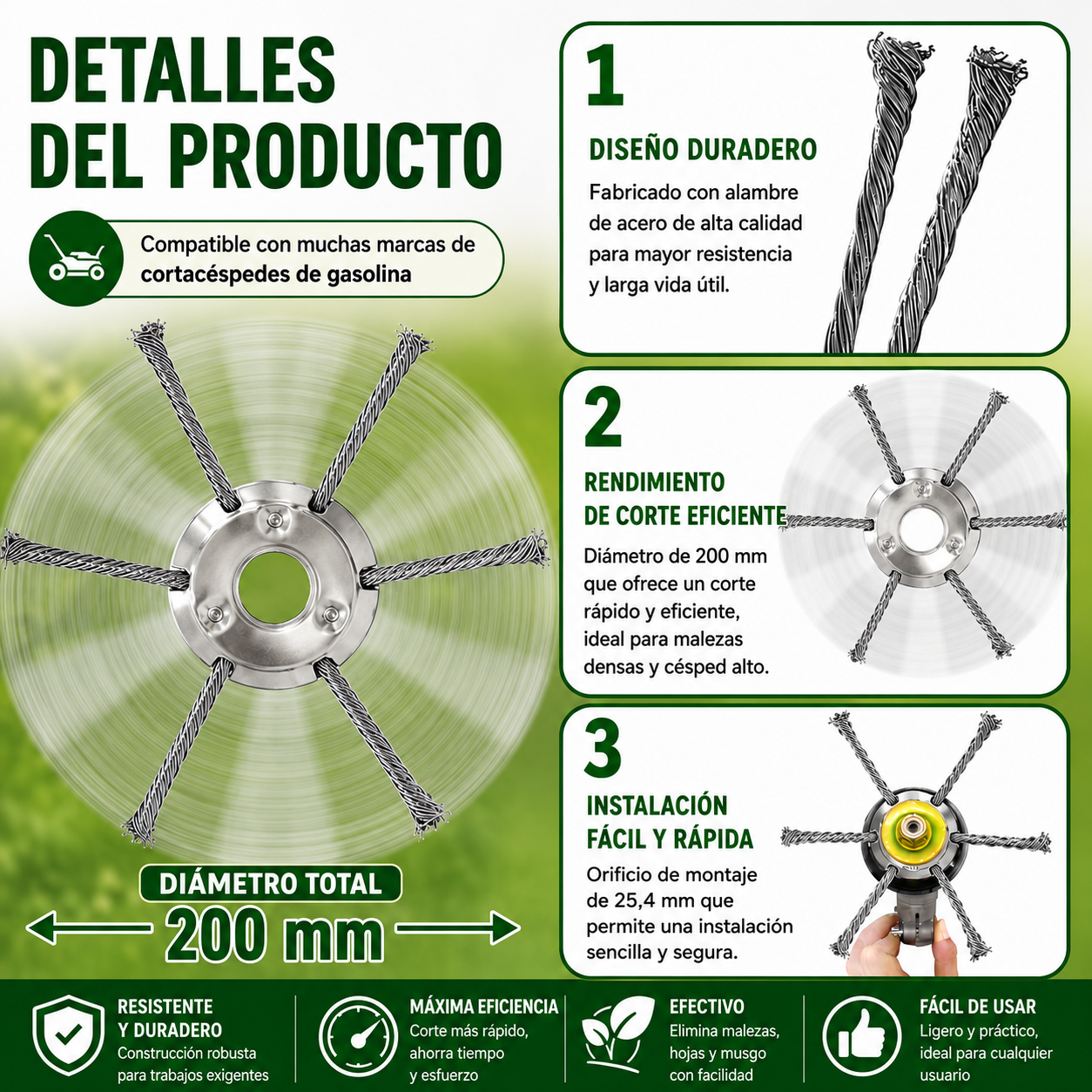 El cabezal del cortacésped tiene 6 ramas tejidas con alambre de acero resistente.