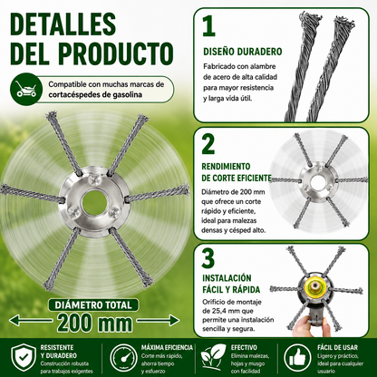 El cabezal del cortacésped tiene 6 ramas tejidas con alambre de acero resistente.