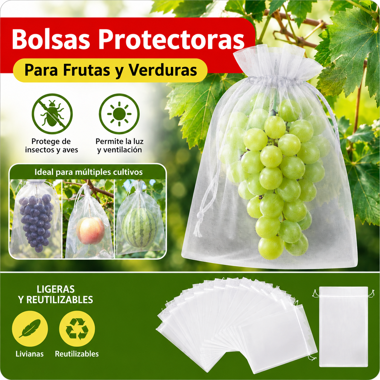 Sacos de malla transpirables y reutilizables para la protección de frutas y verduras – Protege contra insectos, moscas de la fruta y aves