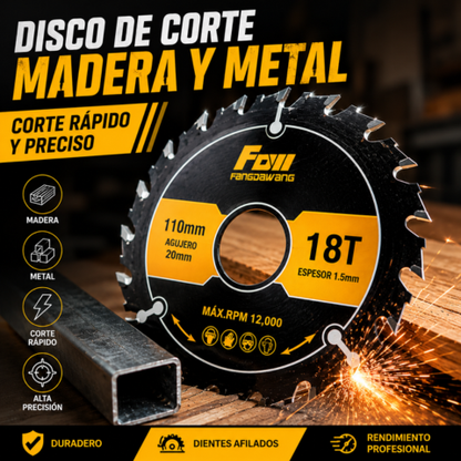 Disco de corte de aleación multifuncional 18T de 110 mm – corta madera, metal, PVC y aluminio