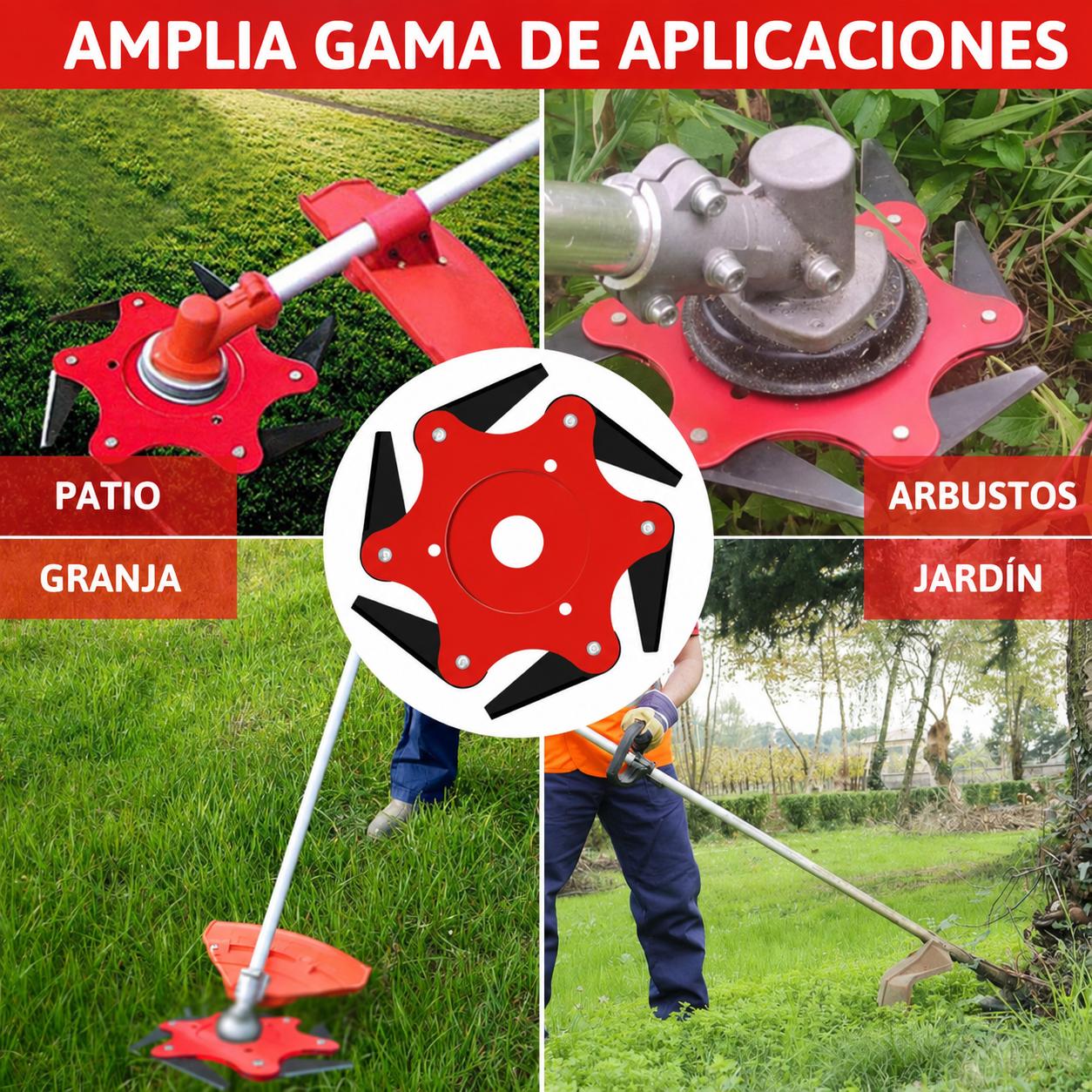 Cabezal cortacésped de 6 dientes de acero al manganeso — Corta sin parar, sin cambiar el hilo (Incluye kit de adaptadores)