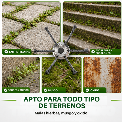 El cabezal para desbrozadora tiene 6 brazos de resistente alambre de acero trenzado.