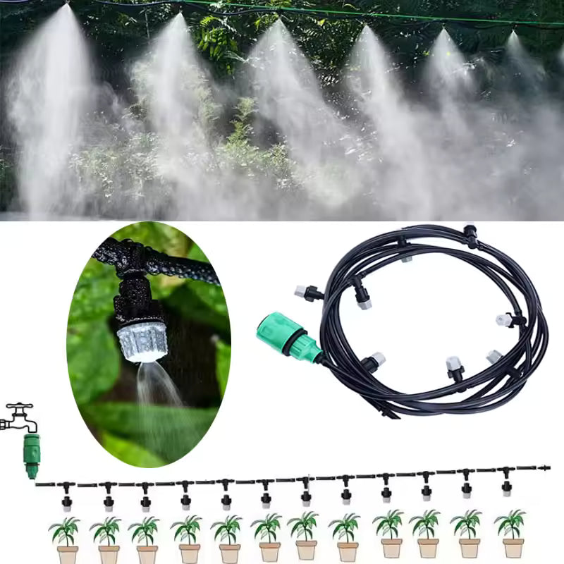 Manguera de Riego para Jardín de 15 Metros con Boquillas de Niebla – Sistema de Enfriamiento por Niebla, Fácil de Instalar