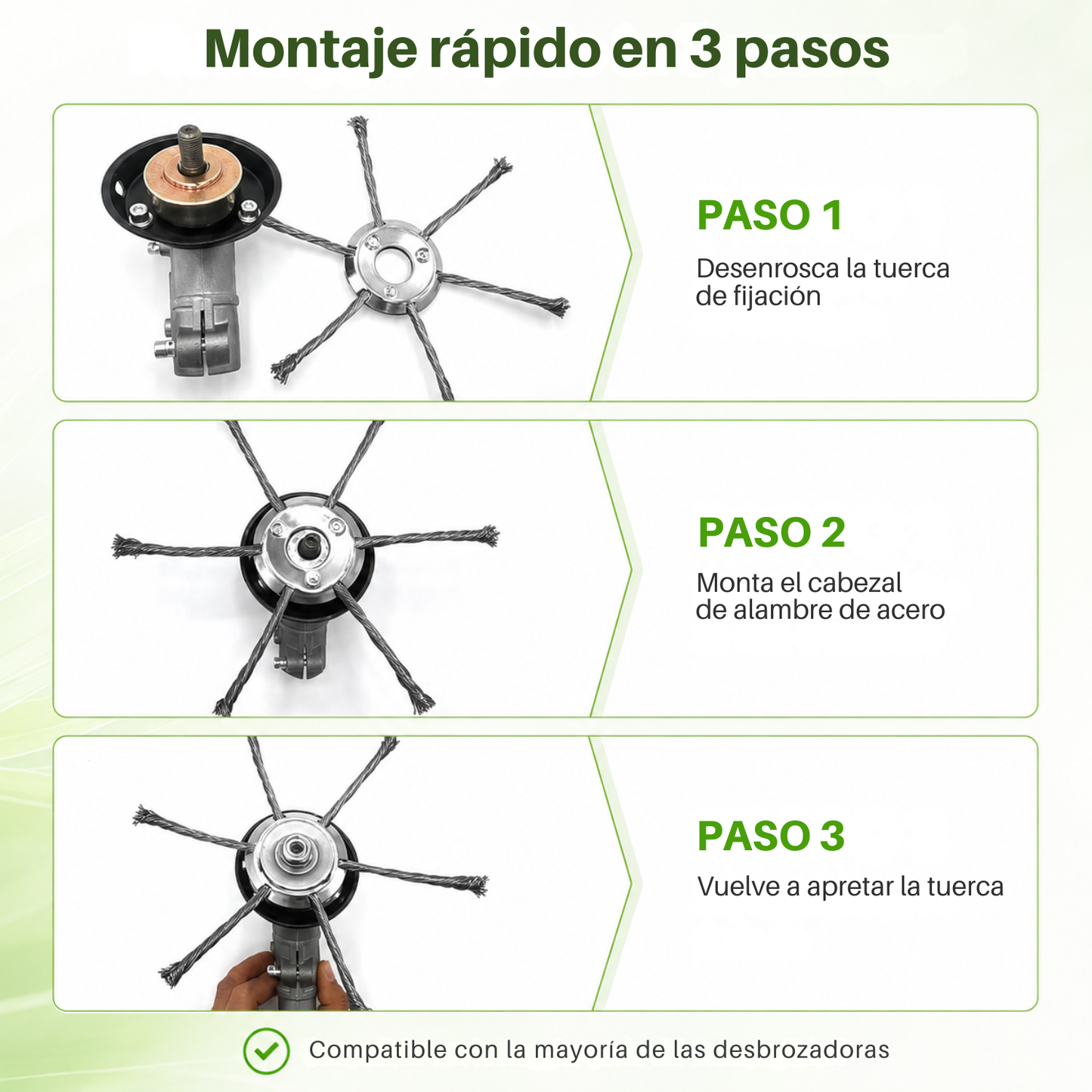 El cabezal para desbrozadora tiene 6 brazos de resistente alambre de acero trenzado.
