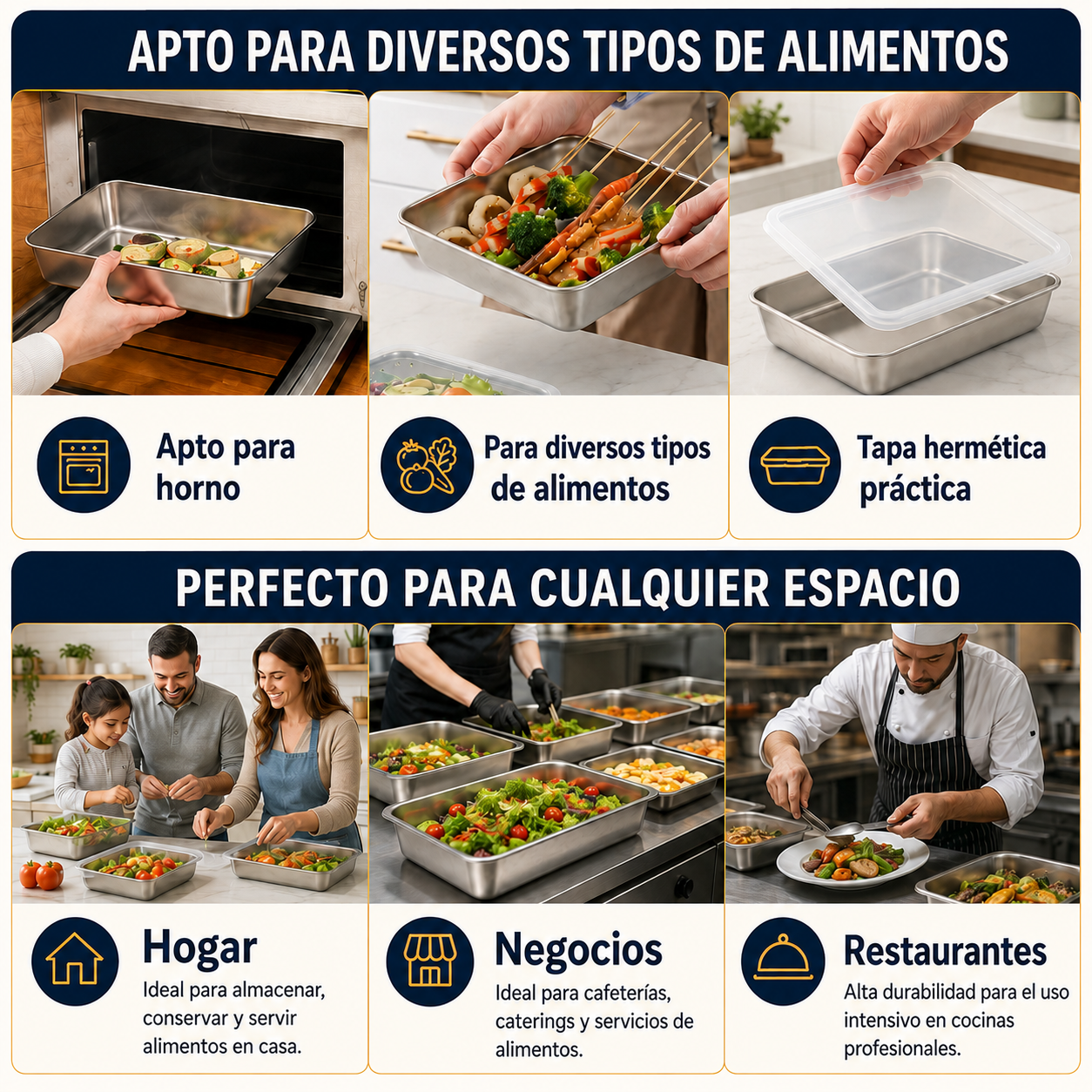 Contenedores de acero inoxidable SUS304 | Alimentos frescos por más tiempo (25x20x5cm)