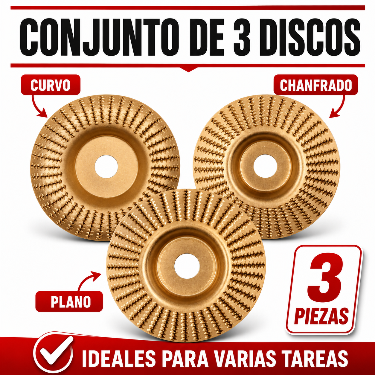 Set De 3 Discos De Desbaste De Acero Al Carbono Para Madera (Plano – Curvo – Inclinado)